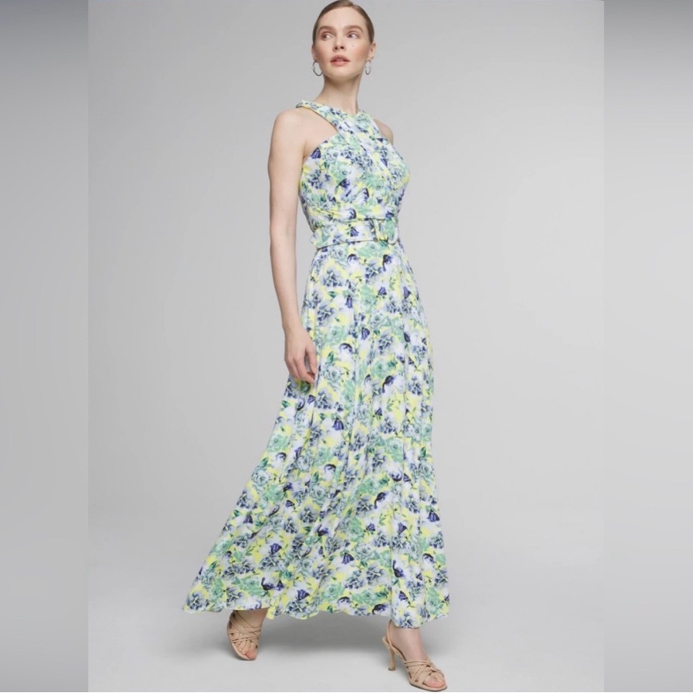 Floral Cross-Back Halter Maxi Dress in Blue, Green & Yellow